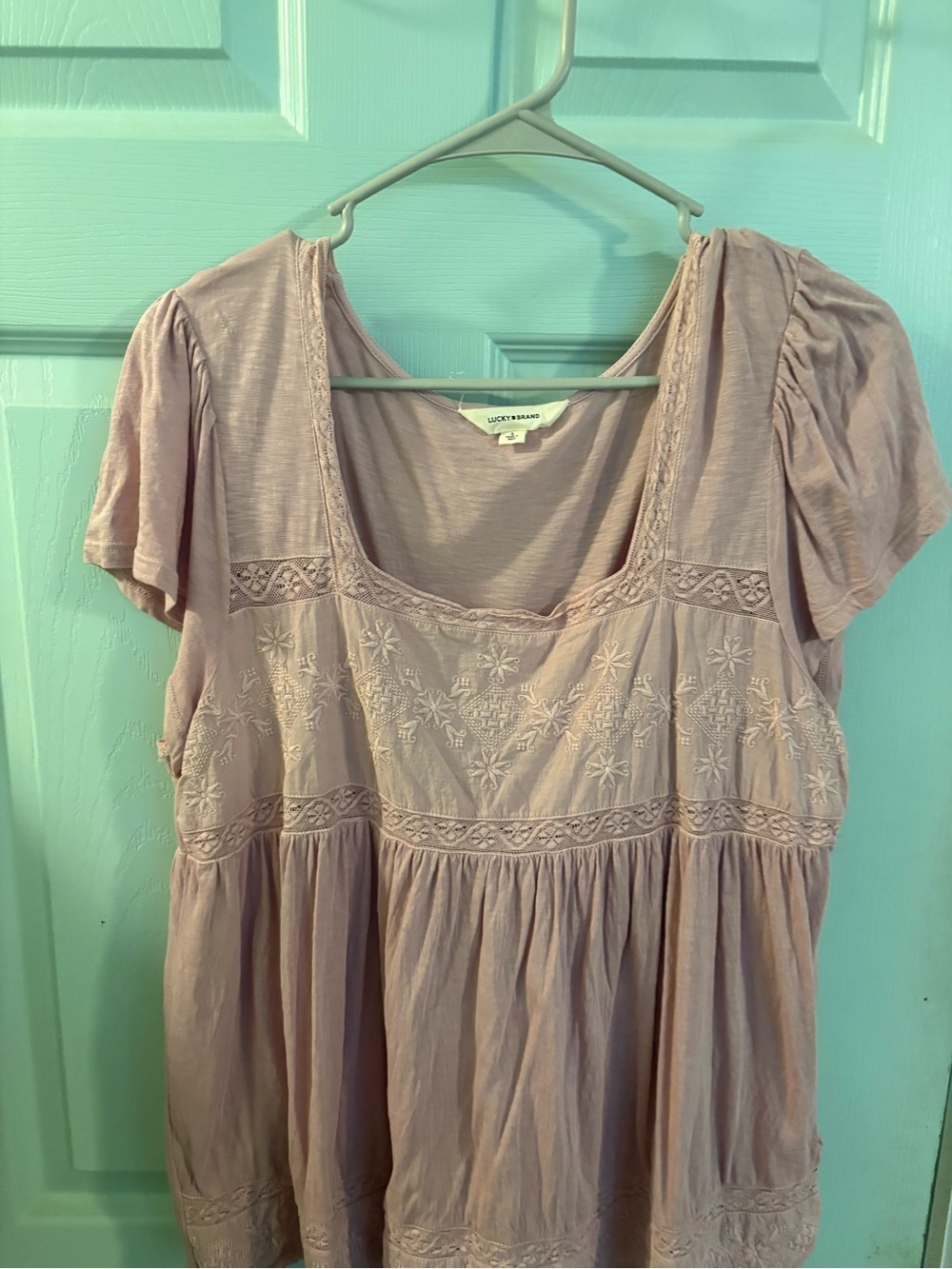 Lucky Brand Dusty Mauvy Pink Embroidered Short Sleeve Peasant Top